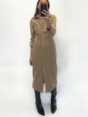 Zara Button-Front Midi Shirt Dress in Tan